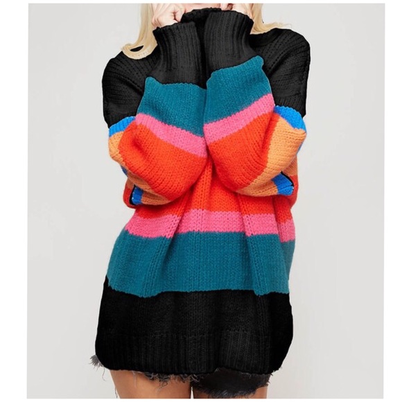 Mock Neck Black Rainbow Striped Oversized Sweater - Picture 2 of 4